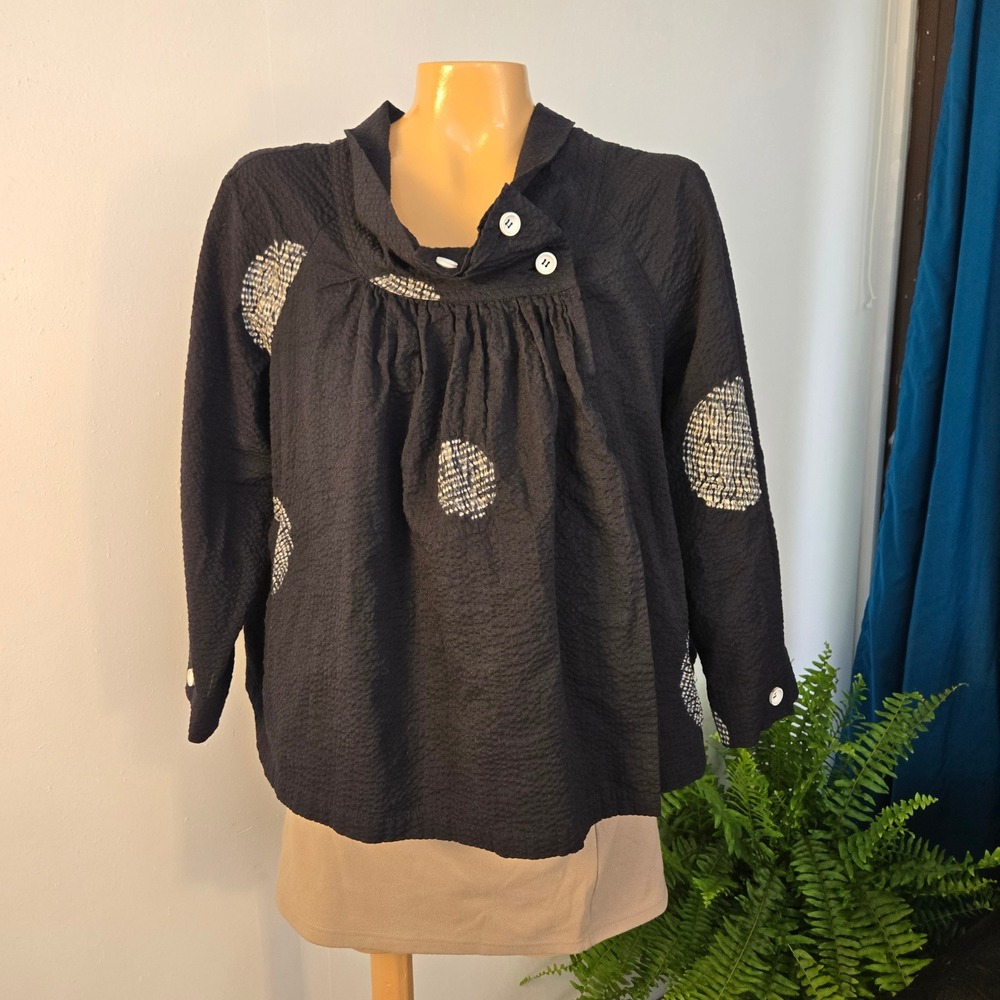 Crea Concept Womens Blouse Size 42 Black Textured Polka Dot Avant Garde Wrap Top